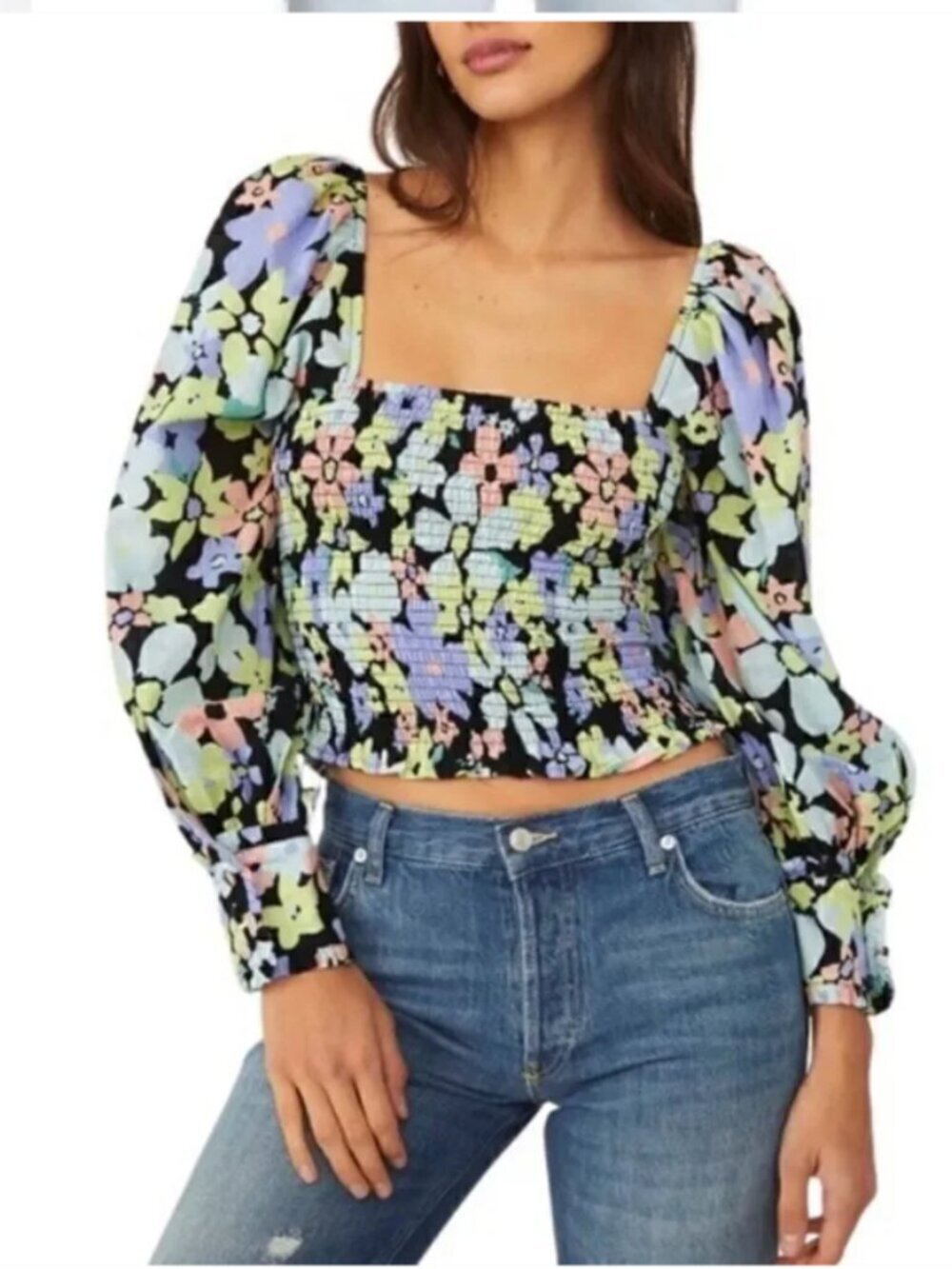Free People Ariana Smocked Top Pastel Floral Puff Balloon Sleeve Large